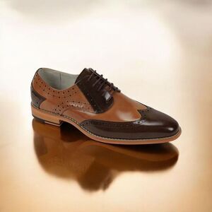 GIOVANNI MEN'S CHOCOLATE BROWN/TAN  LEATHER WING TIP DRESS SHOE. TROY.